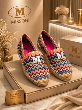 Missoni Zigzag Multicolor Espadrille Flats With Logo Embroidery Never Worn 38
